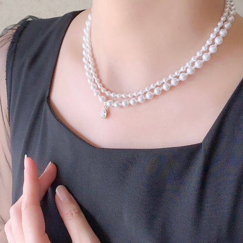 ホワイト/1粒の小さな煌めき 2連 パール ネックレス ＜結婚式