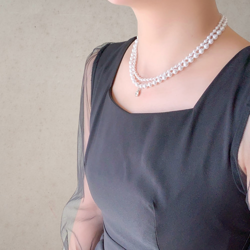 ホワイト/1粒の小さな煌めき 2連 パール ネックレス ＜結婚式