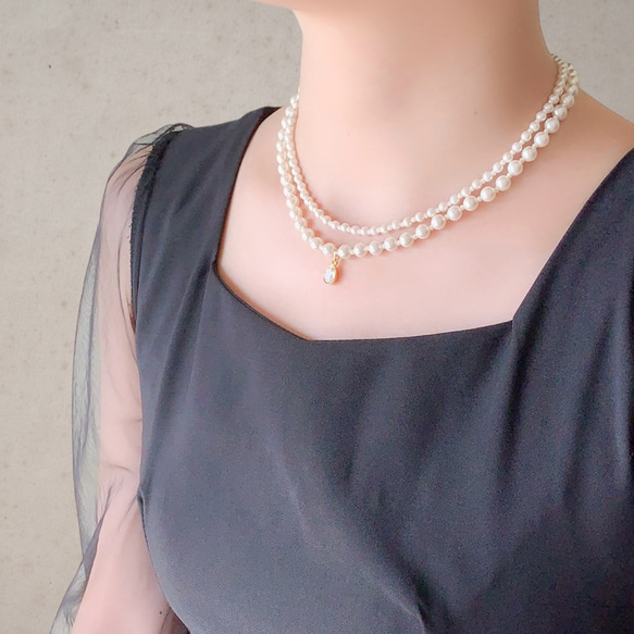 ホワイト/ 1粒の小さな煌めき 2連 パール ネックレス <結婚式 ホワイト/ 1粒の小さな煌めき 2連 パール ネックレス <結婚式