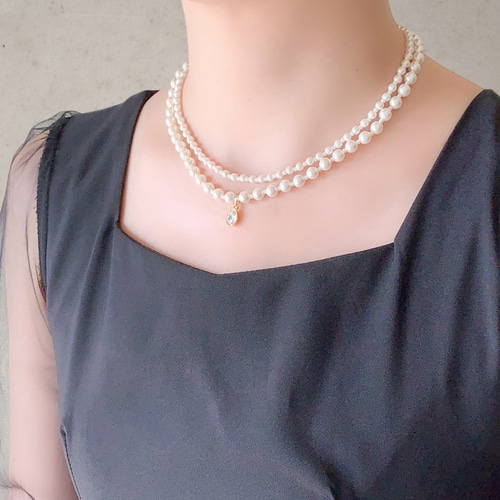ナチュラル/ 1粒の小さな煌めき 2連 パール ネックレス ＜結婚式