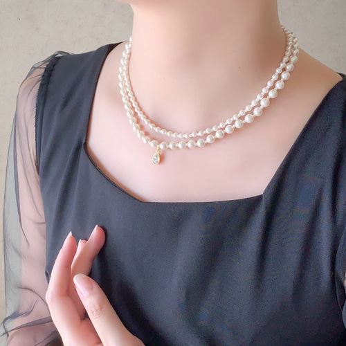 ホワイト/ 1粒の小さな煌めき 2連 パール ネックレス ＜結婚式