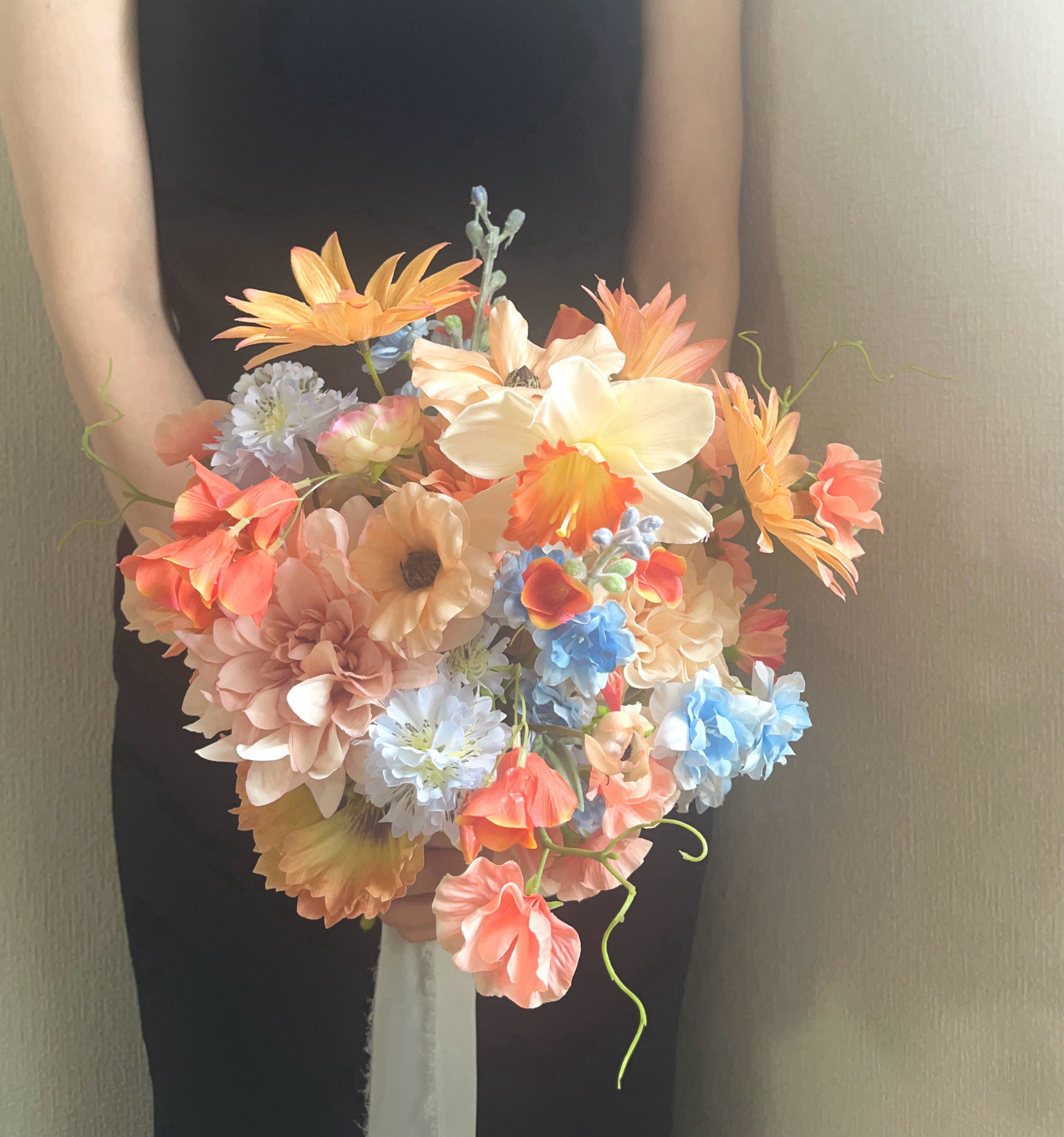 【即納OK】オレンジ×カラフルブーケ　ウェディングブーケ　アーティフィシャルフラワー　リゾートブーケ　持ち込みブーケ