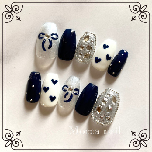 ネイルチップ オーダー ミラー ぷっくりハート リボン ガーリー ワンホン ネイルチップ オーダー ミラー ぷっくりハート リボン ガーリー