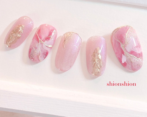 043【7点】【サイズ変更】【1点チップ変更】ピンクマグネット大理石ネイル ジェルネイルチップ☆付け爪〜ギャラクシー マグネット ネイビー