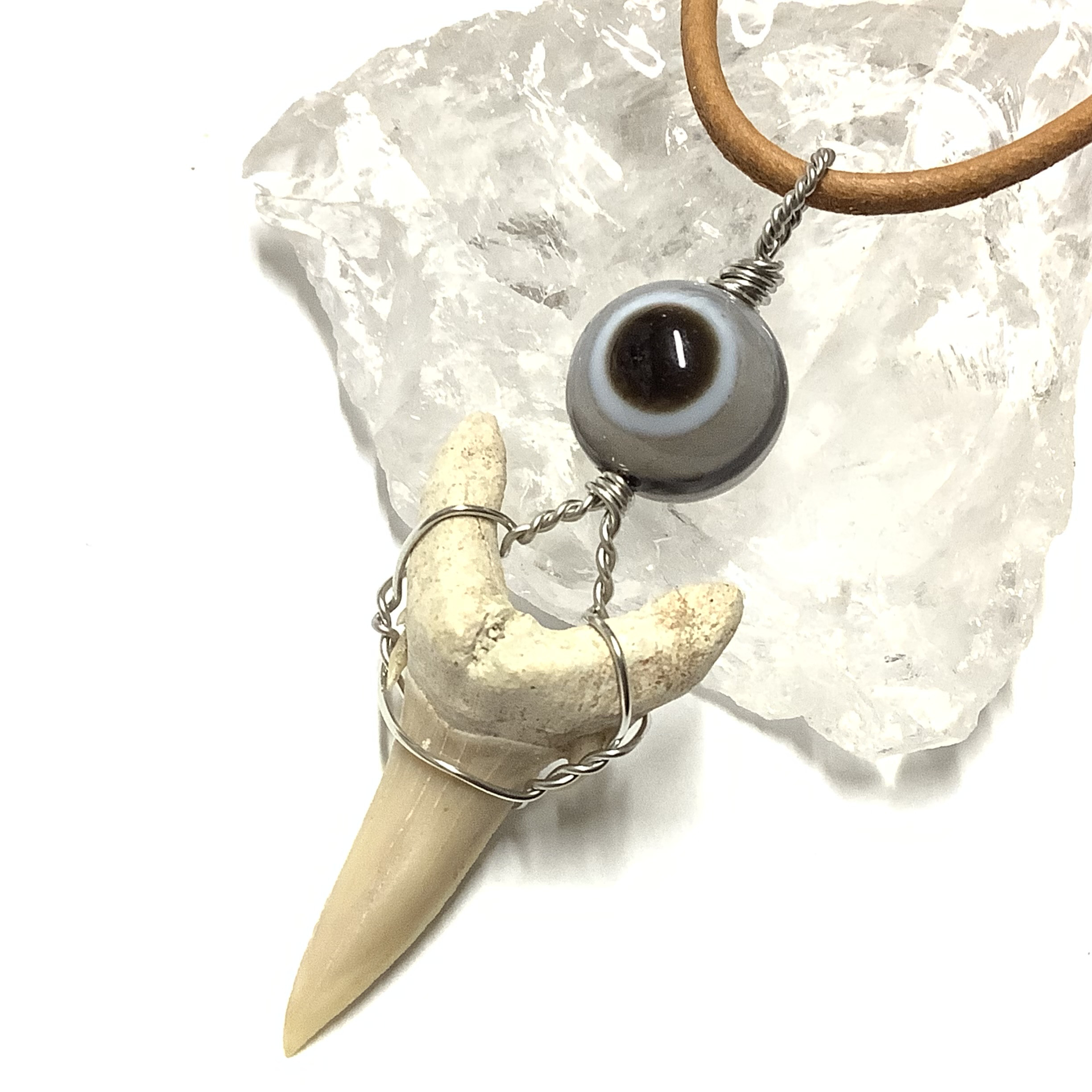 一点物☆勇気と幸運のお守り！ 古代ザメの歯の化石 ＆ 天眼石 ネックレス ①