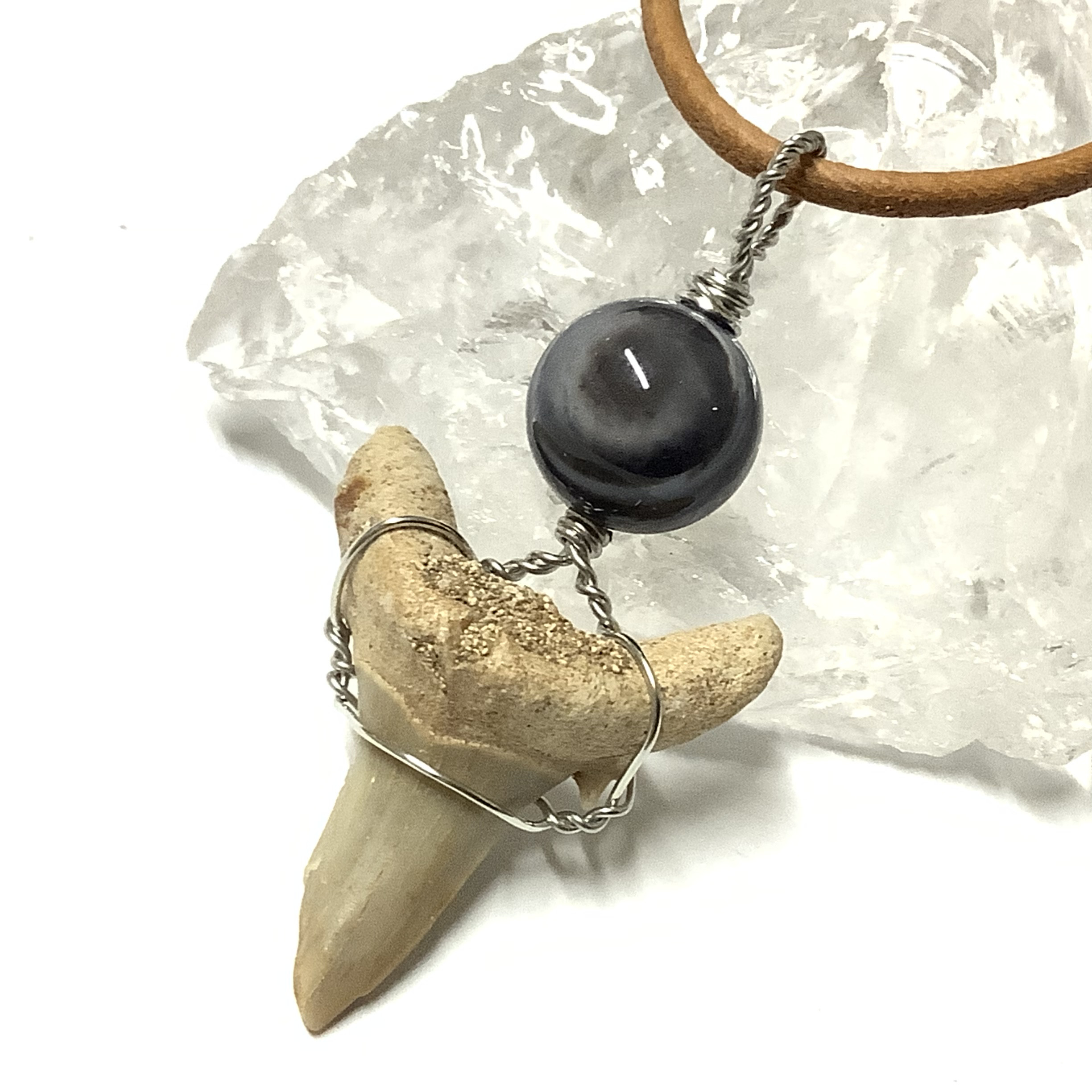一点物☆勇気と幸運のお守り！ 古代ザメの歯の化石 ＆ 天眼石 ネックレス ②