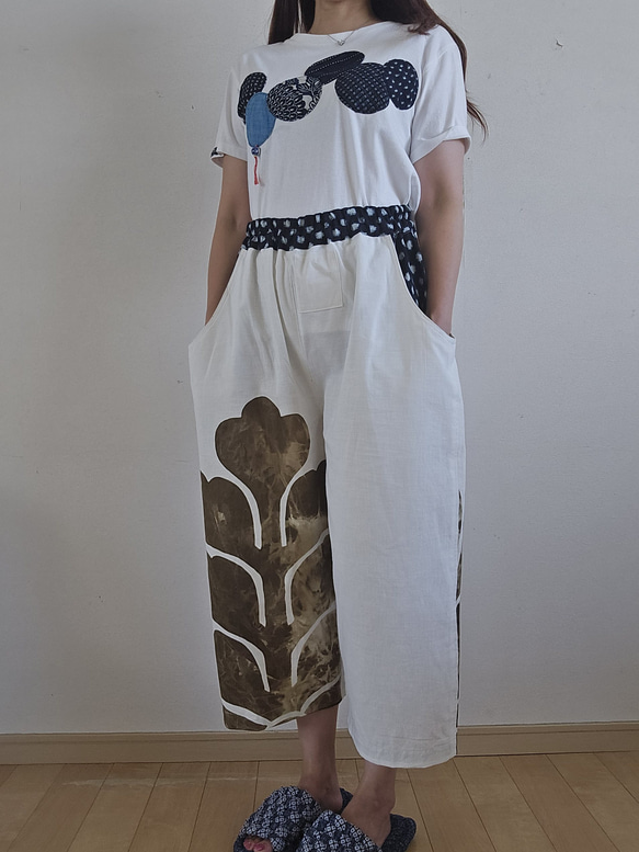 着物リメイク　古布手作り　白の幕　パンツ 