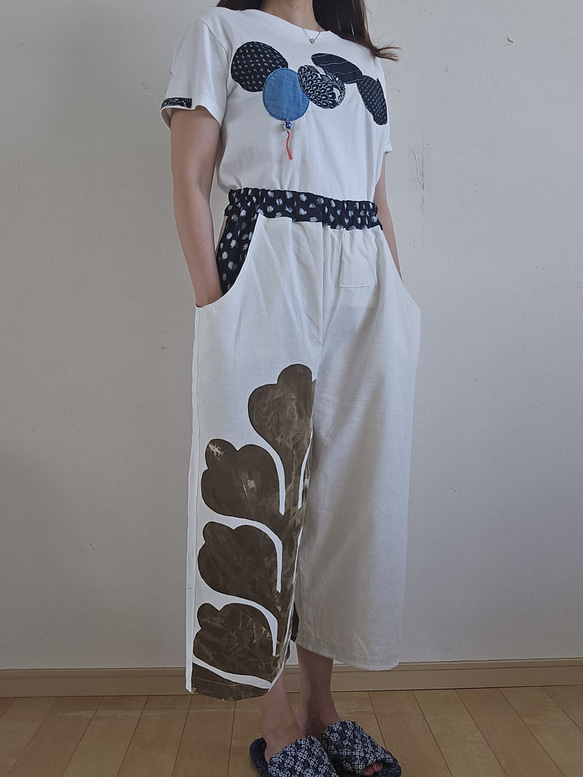 着物リメイク　古布手作り　白の幕　パンツ 