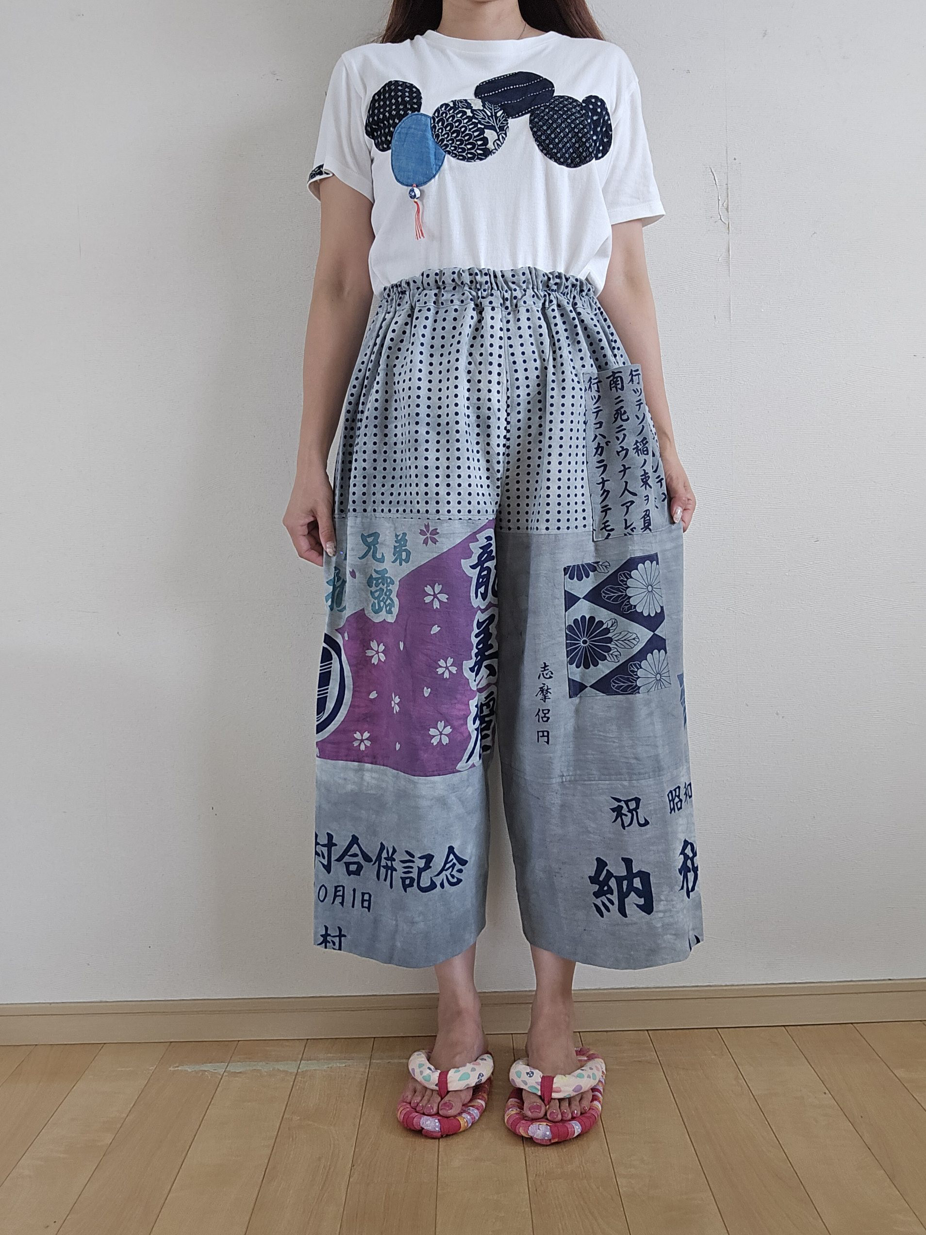 着物リメイク 手作り 鉄媒染 手ぬぐい パッチワーク パンツ キュロット
