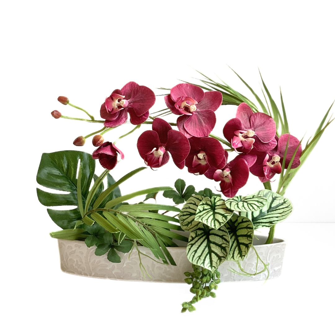 各種お祝い/倒しても溢れないお水 癒しの「観葉と胡蝶蘭」フェイクグリーン、光触媒