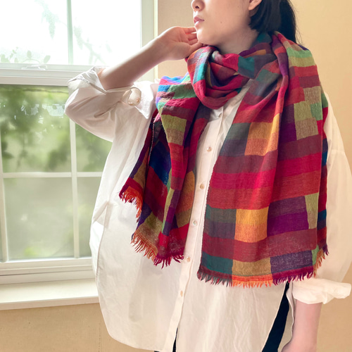 中厚地】大判ミックスカラー・マルチブロックストール 大判 ファイン