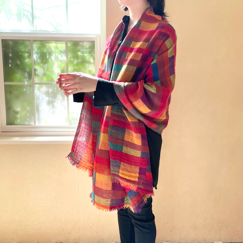 中厚地】大判ミックスカラー・マルチブロックストール 大判 ファイン