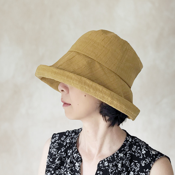 【受注制作】ワイドブリムハット マスタードイエロー 夏帽子 日よけ ツバ広 コットン 洗える帽子 選べるサイズ 1枚目の画像