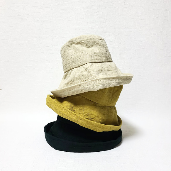 【受注制作】ワイドブリムハット マスタードイエロー 夏帽子 日よけ ツバ広 コットン 洗える帽子 選べるサイズ 6枚目の画像