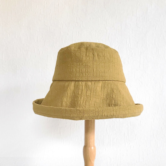 【受注制作】ワイドブリムハット マスタードイエロー 夏帽子 日よけ ツバ広 コットン 洗える帽子 選べるサイズ 4枚目の画像