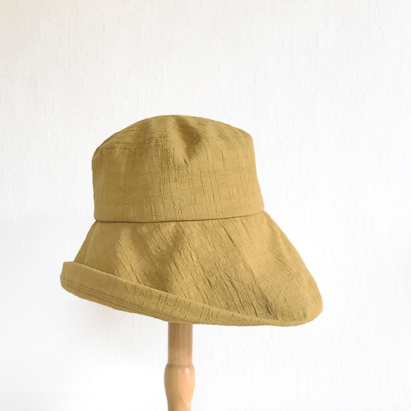 【受注制作】ワイドブリムハット マスタードイエロー 夏帽子 日よけ ツバ広 コットン 洗える帽子 選べるサイズ 3枚目の画像