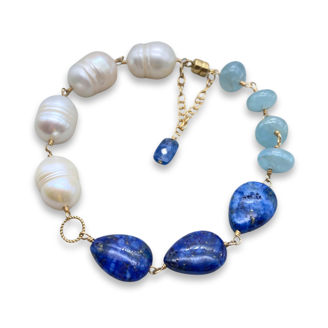 14kgf / パイライトインクォーツ・アクアマリン・淡水パール・カイヤナイトのブレスレット（マグネット着脱）