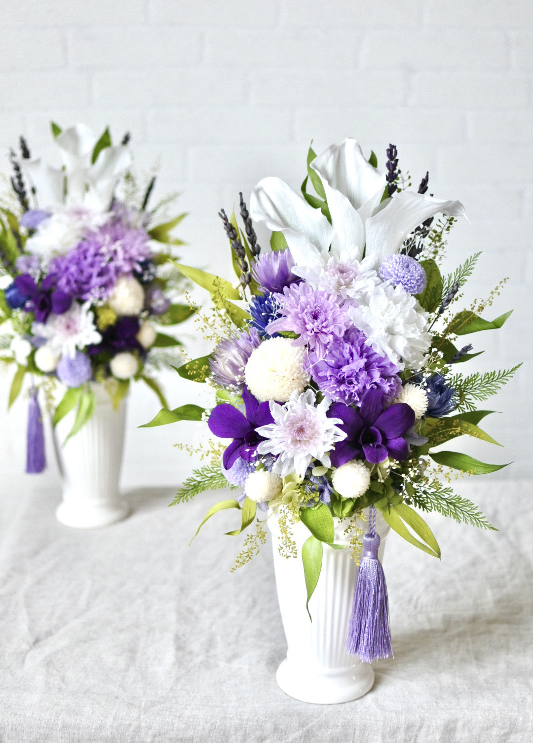 プリザーブドフラワー仏花 リリー カラー カーネーション ラベンダー かすみ草 パープル 紫 大きめ