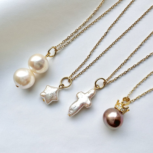 大粒 淡水パール （2粒）サージカルステンレス ネックレス 40cm+5cm