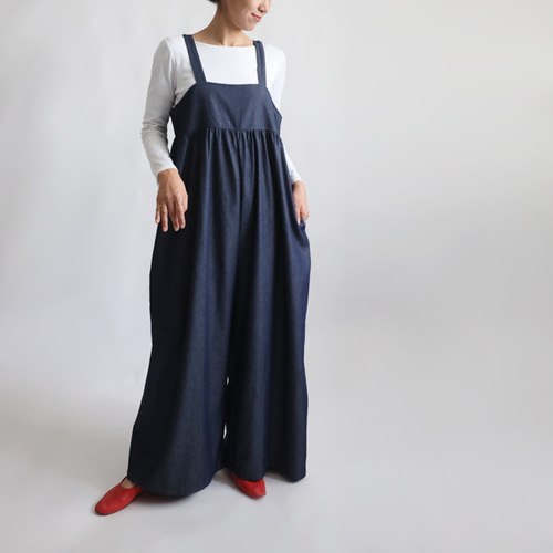 ラスト1 再制作 後ろリボン サロペット ワイドパンツ オールインワン