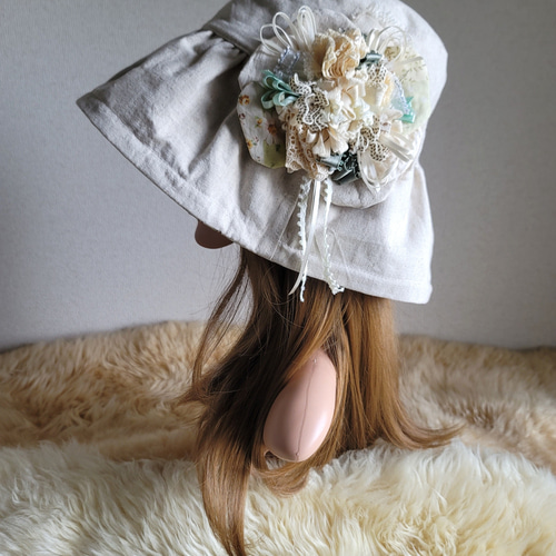 若草色flower×ナチュラル☆日差しに負けない☆ギャザーフリル 帽子