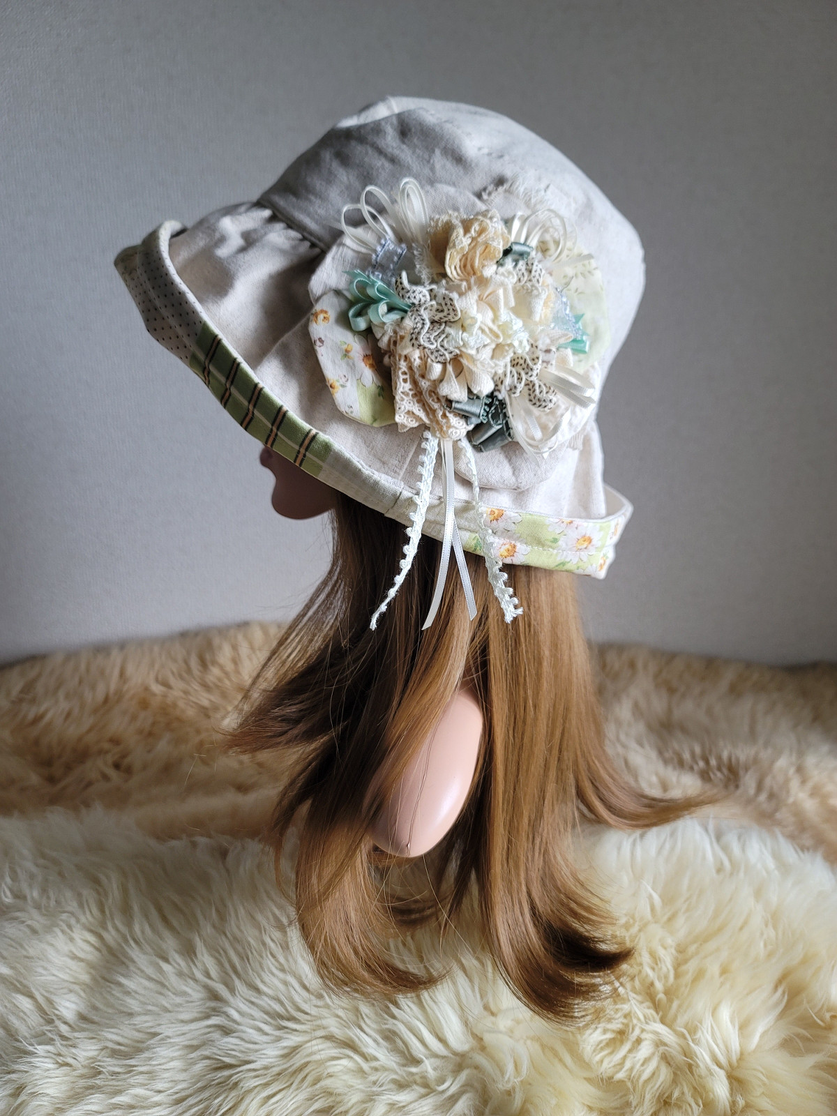 若草色flower×ナチュラル★日差しに負けない★ギャザーフリル 帽子★62.5㎝★