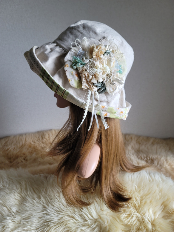 若草色flower×ナチュラル☆日差しに負けない☆ギャザーフリル 帽子