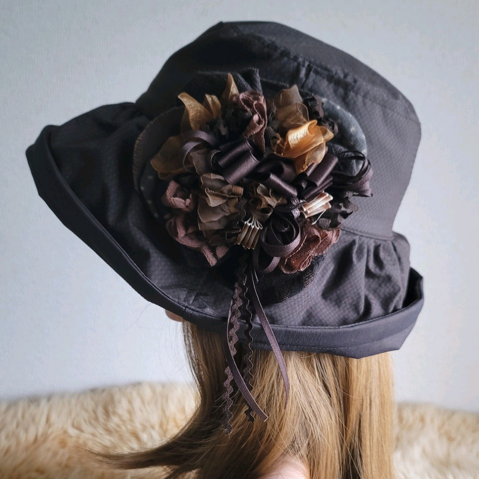 チョコレート★ブロックチェック★日差しに負けない★ギャザーフリル 帽子★62.5㎝★