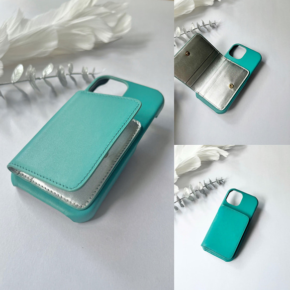 3K 名入れ可｜バイカラー本革iPhoneケース（背面収納 ）Blue+