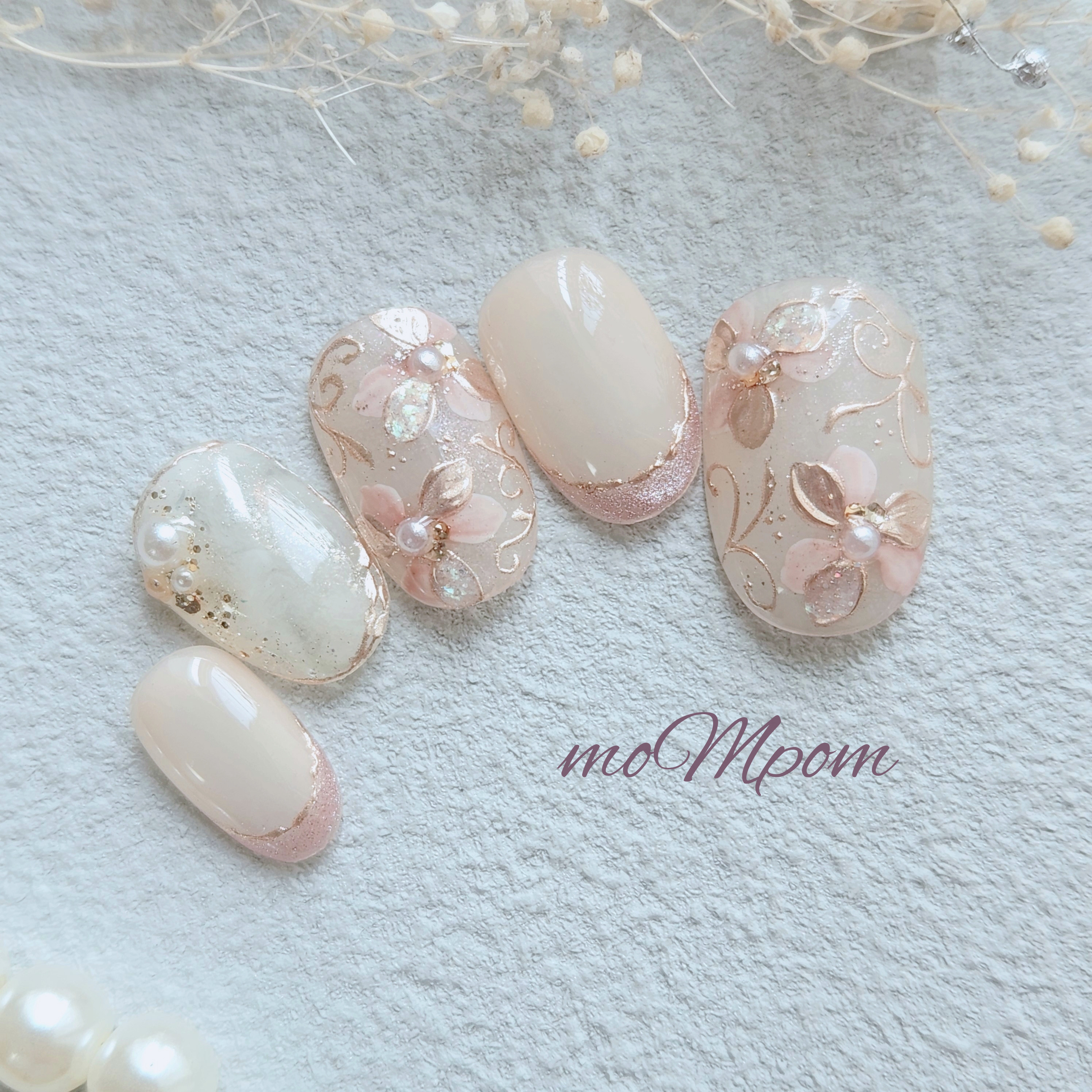 ネイルチップ　お花　フラワー　前撮り　結婚式　花嫁　ウェディング　お呼ばれ　上品　ピンク　マグネット