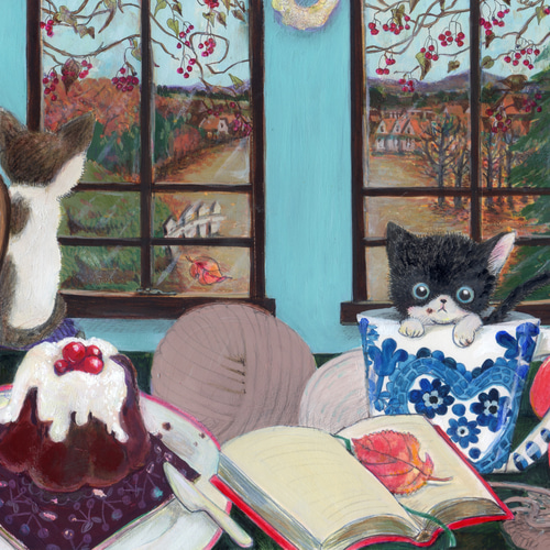 絵画。原画☆キャンバスF20【子猫たちのソファーでの幸せな瞬間に属する】 原画販売 「11月」 木枯らし吹く窓の外 子猫たちのおしゃべりが