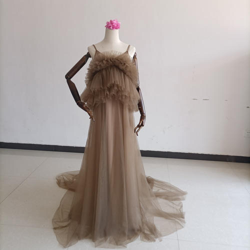 人気上昇！2ways 妊婦ドレス ブラウン 写真撮影 シースルー ワンピース