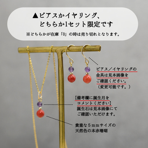 1セット限定】誕生石と天然色 本赤珊瑚【14kgf ネックレスとピアスor 