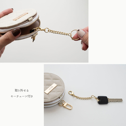 ミラー付き ラウンドポーチ 【 キルティング simple ネームプレート 名