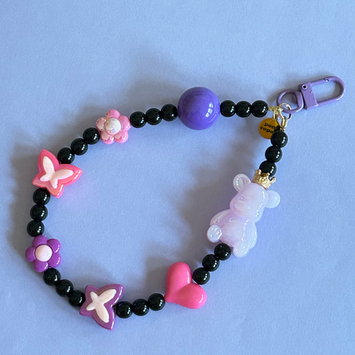 ビーズストラップ ブラック×ピンク×パープル ベア&ガーデン