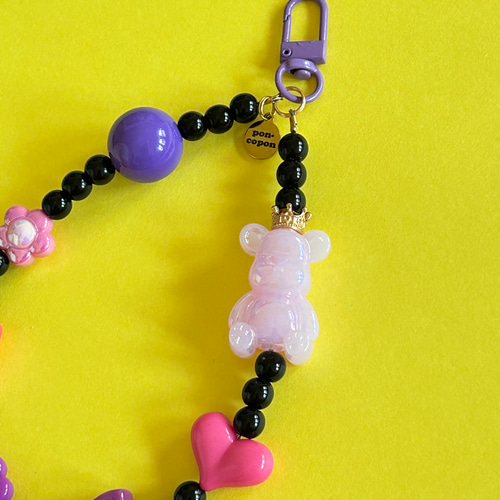 ビーズストラップ ブラック×ピンク×パープル ベア&ガーデン