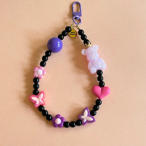 ビーズストラップ ブラック×ピンク×パープル ベア&ガーデン