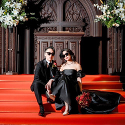 パフスリーブ ブラック ウエディングドレス 二次会 前撮り