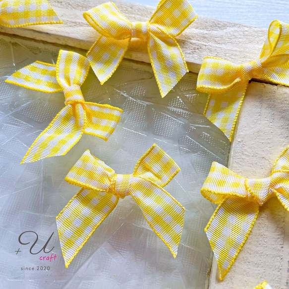 790【パーツ/15ヶ】サテンチェックリボン/レモンイエロー デコパーツ