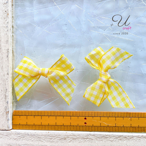 790【パーツ/15ヶ】サテンチェックリボン/レモンイエロー デコパーツ