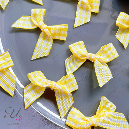 790【パーツ/15ヶ】サテンチェックリボン/レモンイエロー デコパーツ