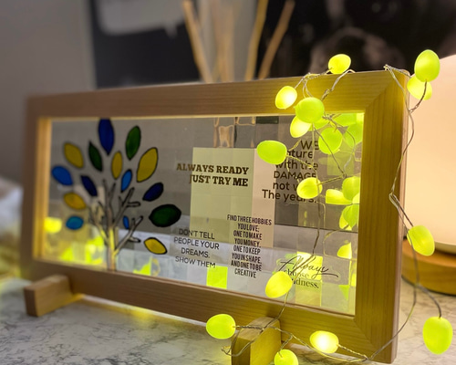 アンティークステンドグラス木製額 ステンドグラス オレンジの木 アンティークステンドグラス木製額 ステンドグラス オレンジの木