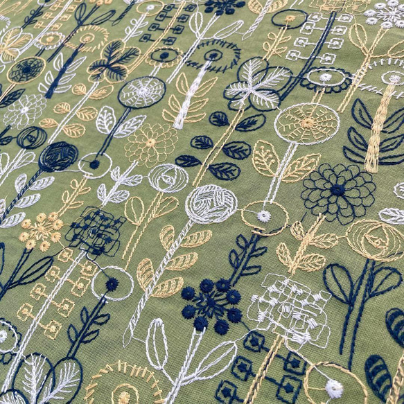 s20-g▽コットンリネン刺繍生地▽花柄 総柄 グリーン ボタニカル