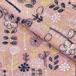 s20-p▽コットンリネン刺繍生地▽花柄 総柄 くすみピンク 桃色
