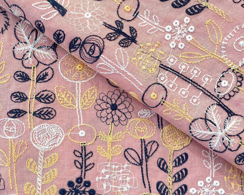 インド刺繍生地 くすみピンク 3ルームフリルトート⑅⿻ ハンドメイド s20-p▽コットンリネン刺繍生地▽花柄 総柄 くすみピンク 桃色