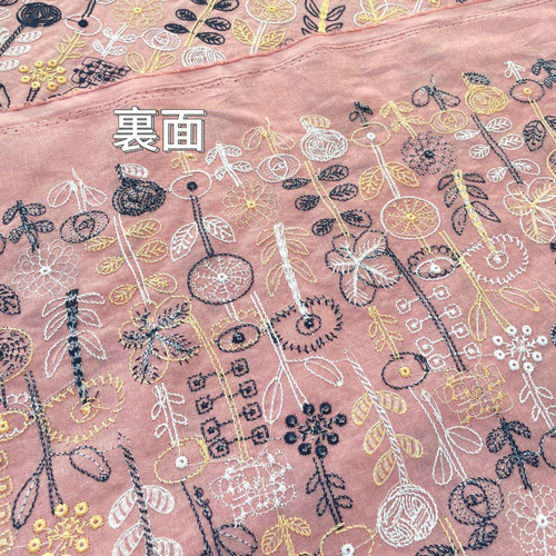 s20-p▽コットンリネン刺繍生地▽花柄 総柄 くすみピンク 桃色