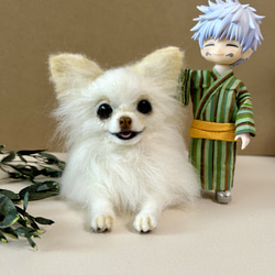 羊毛フェルト ポメラニアンのフラワーバスケット 白ポメ 羊毛