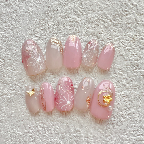 成人式用ネイル N419》既成ネイルチップ24枚セット 赤 ボルドー 成人式 花 ラメ ギャル