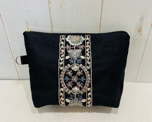 インド刺繍リボンのポーチ 20cmファスナー ポーチ aora