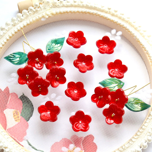 新作☆14mm椿 梅 お花のアセテートパーツ 真紅 その他素材
